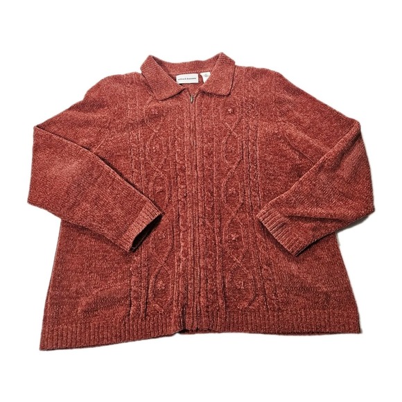 Cabela's Sweaters - Alfred Dunner Rustic Red Cable Knit Collared Sweater Size XL Floral Accents